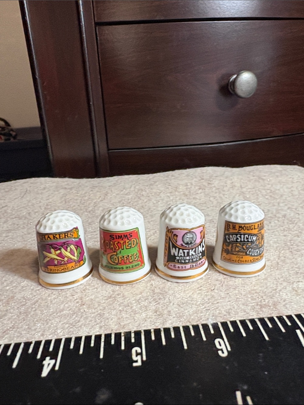 Vintage Style White Ceramic Thimble Set with Colorful Label Artwork